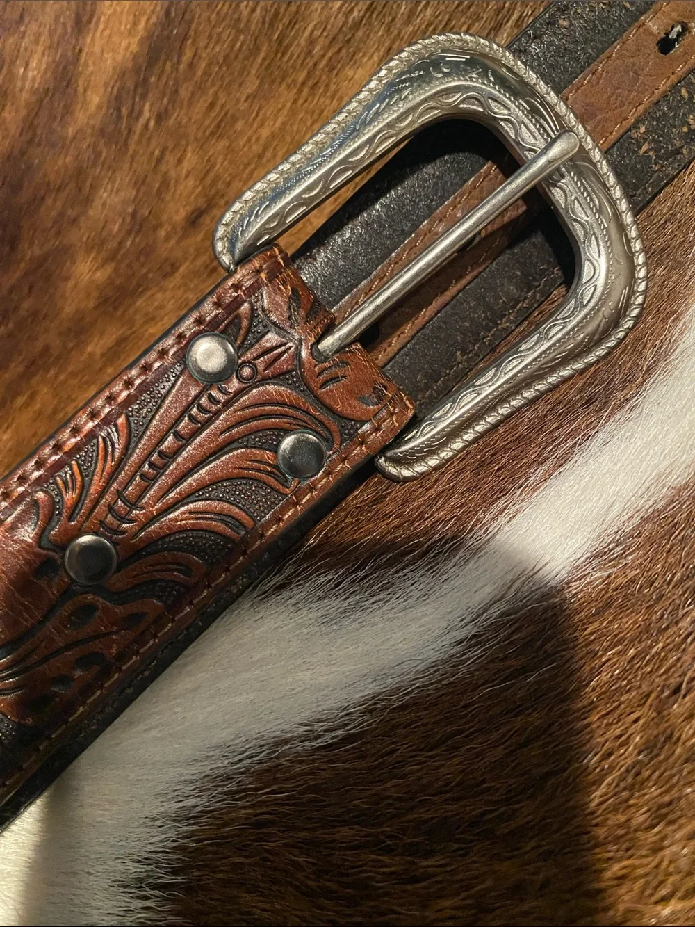 Ariat Brown Tooled Leather Western Belt Silver-Tone Buckle Size 34